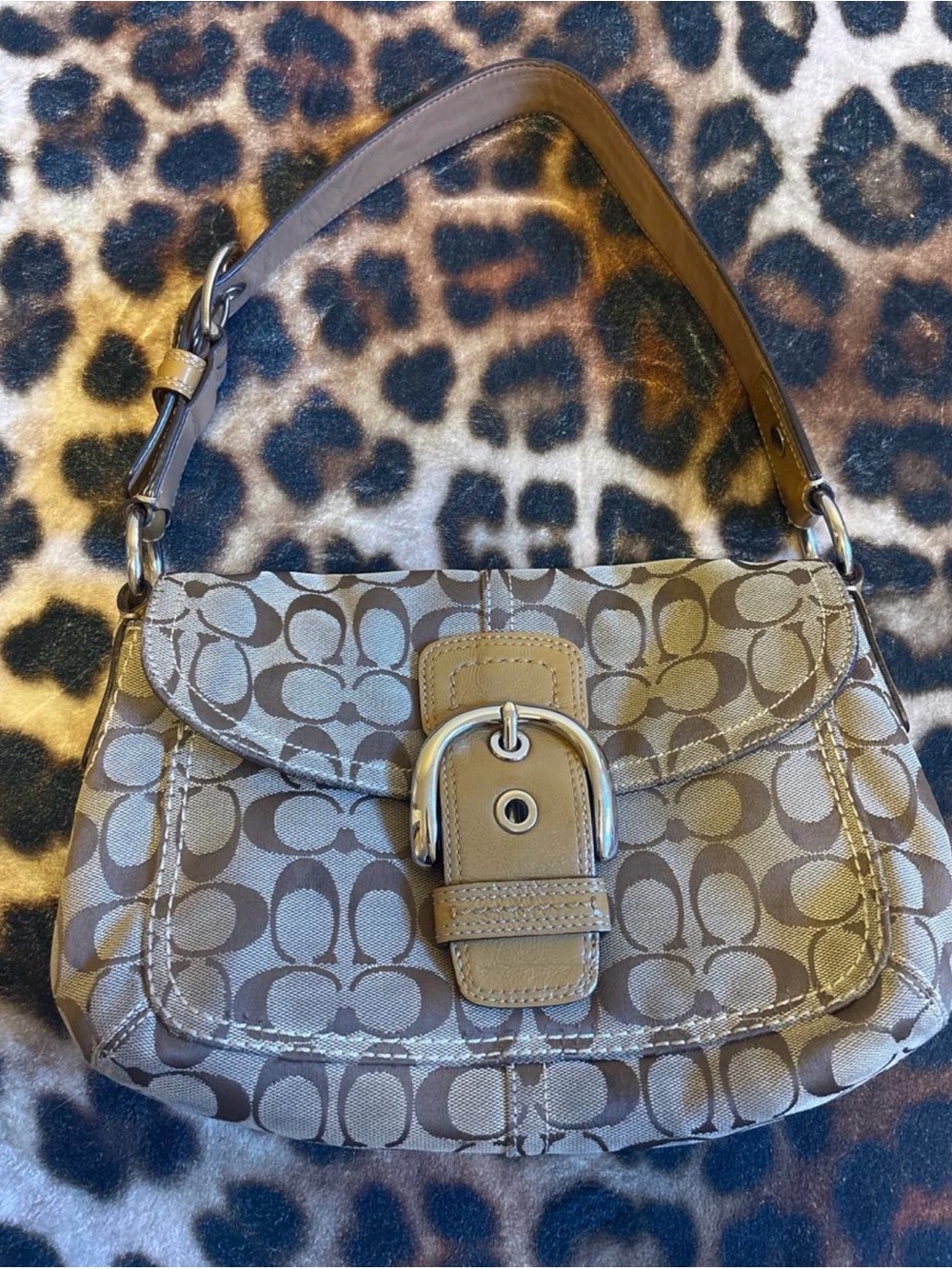 Coach Khaki/Brown Signature Jacquard Shoulder Bag with Buckle